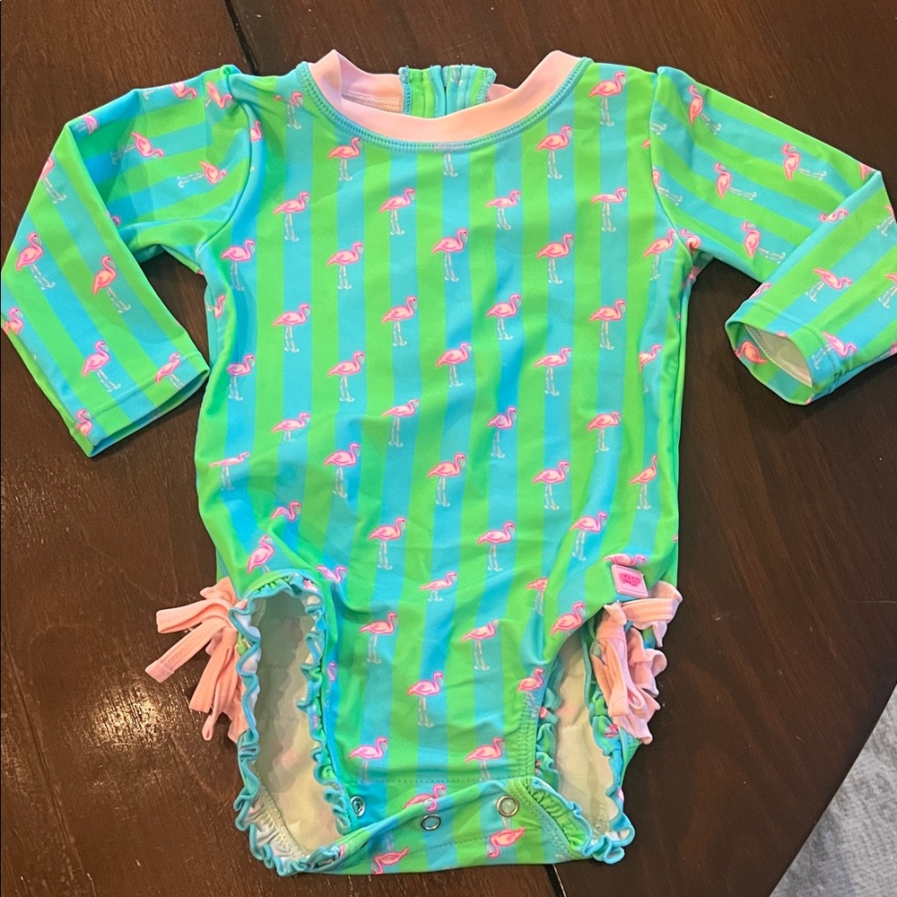 Ruffle Butts Green and Pink Flamingo Girls Swim One Piece